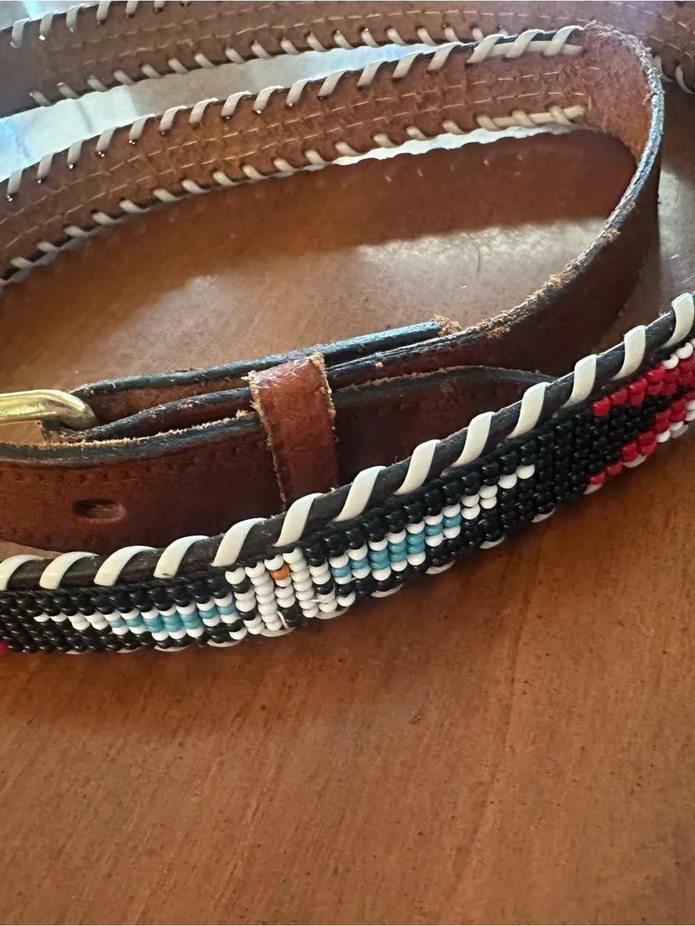 Vintage Hand Beaded Leather Southwestern Belt Size 38 Black Brown Western Boho